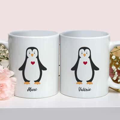 Duo de mugs personnalisés prénoms couple - Pingouins